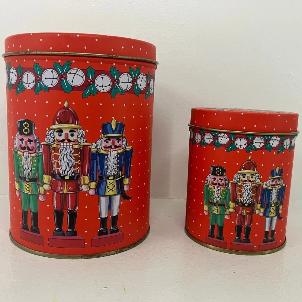 Christmas Nutcracker Red Nesting Metal Cookie Tin Holiday Trinket Storage Setof2